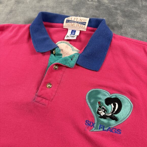 VTG 90s Six Flags Pepe Le Pew Embroidered Polo Shirt Men’s Fuchsia Teal Size L - Picture 1 of 10